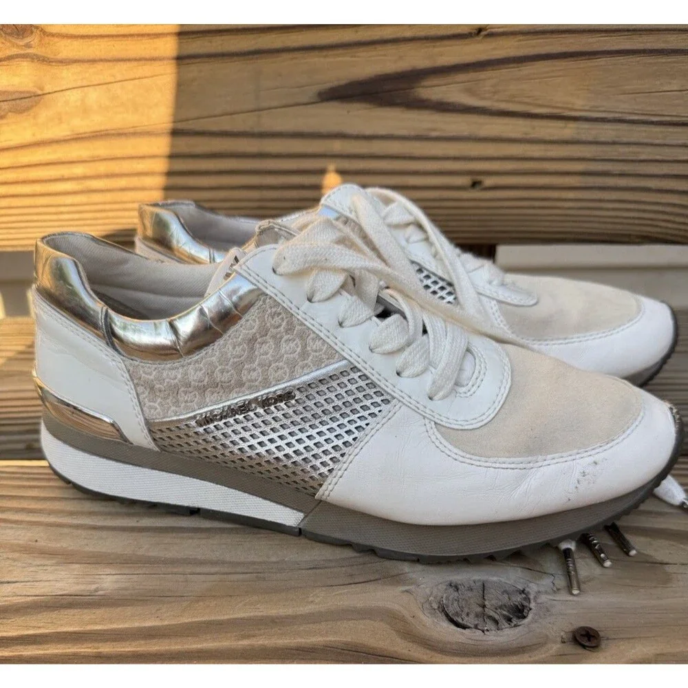 MICHAEL KORS Women's Allie White Cream & Sliver Wrap Trainer Sneakers Sz 8 M